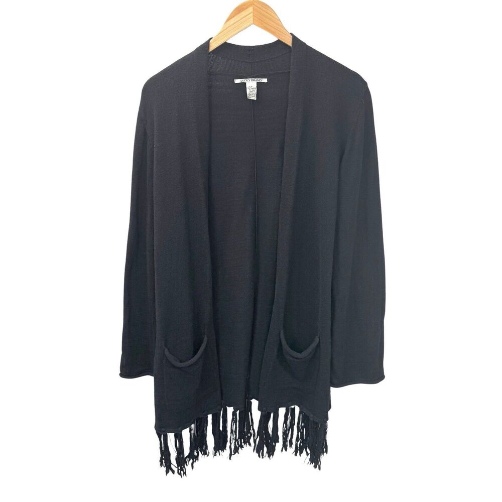 Lucky Brand Fringed Open Long Cardigan Sweater Cotton Wool Sz S Pockets Black